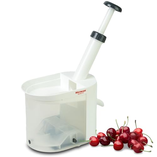 Westmark Deshuesador de cerezas con tolva y recipiente, Altura: 22 cm, Plástico / acero inoxidable, Blanco/antracita, 40302260