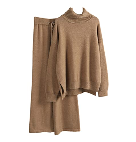 Ensemble cachemire femme de luxe avec col roulé épais et pantalon large marron