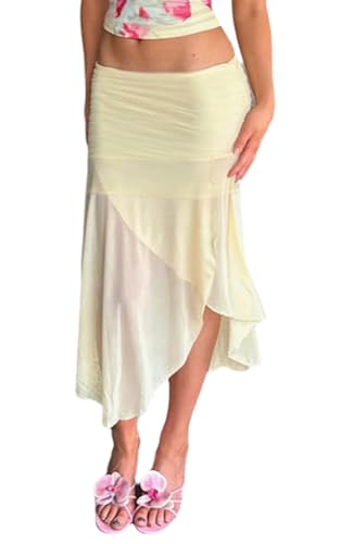 Wuitrie Summer Skirts for Women 2025 Vacation Low Waist Slim Pleated Skirt Irregular Flowy Long Gauze Skirt