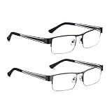 Hubeye 2er Pack Lesebrille Herren Rechteck Rahmen Metall Schwarz Grau Federscharniere Blaulichtfilter Computer Lesebrille 2.00