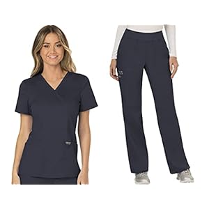 Cherokee Scrub Set for Women, Mock Wrap Top & Mid Rise Straight Leg Pant, Ultra Soft 2-Way Stretch Medical Uniform – CK00040C