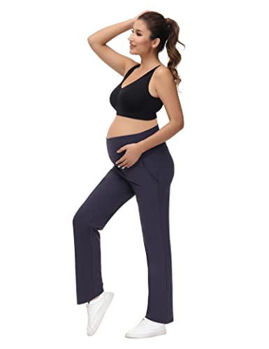 Hofish Women Maternity Pants Plus Size Wideleg Pregnancy Pants Comfy Maternity Sweatpants Stretchy Casual Loose Maternity Work Pants With Pockets, Blue,M #TOP4
