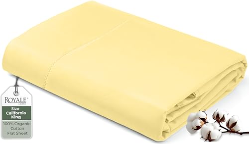 Image of Royale Linen 100% Organic Cotton California King Flat Sheet Only - Super Soft - Percale Top Sheets - California King Flat Sheet Sold Separately - Cool & Crisp Sheets Only (108 inch x102 inch, Yellow)