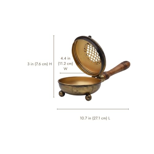 Image of ServDharm Dhoop Dani with Handle | Incense and Loban Burner Dhuni Stand for Home, Office and Temple Pooja | Metal Dhoop Dani Antique Gold, Round, 4.4 Inch |11.4 cm
