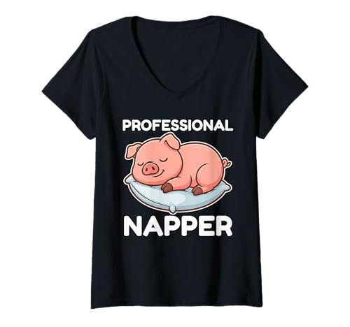 Donna Professionale Napper Pig Sleeping Graphic Ragazze Ragazzi Bambini Maglietta con Collo a V