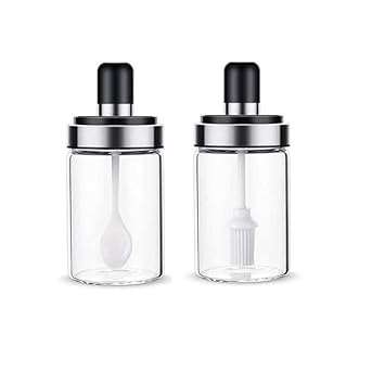 Borosilicate Glass Food Storage Spice Salt Sugar Condiment Jar with Spoon and Olive Oil Bottle with Brush Combo for Kitchen