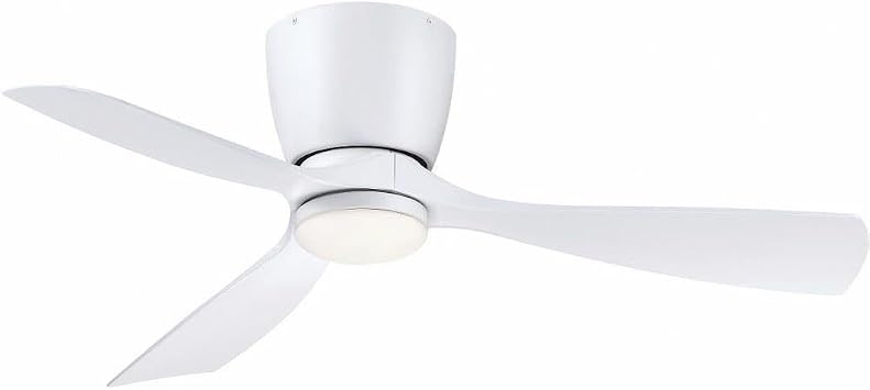 Fanimation Klinch 44 In Ceiling Fan, Matte White, with LED Light | Damp rated for indoor/outdoor use. Remote included. Reversible AC motor. 3 matte white blades. Smart home compatible.