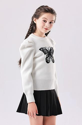 SMILING PINKER Girls Sweater Pullover Puff Sleeve Crew Neck Butterfly Camellia Knitted Crop Top3