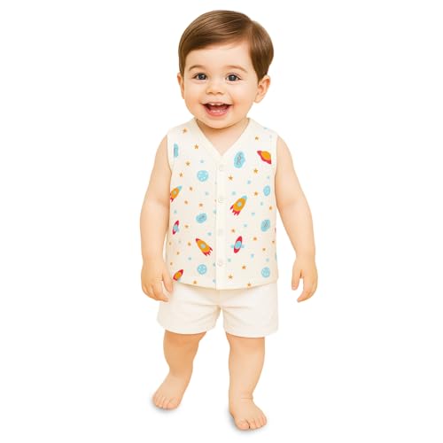Image of Kidbea Newborn Baby Jhabla Muslin Cotton Clothes for Boys & Girls | Soft Breathable, Cute Printed Sleeveless Baby Wear with Button Closure