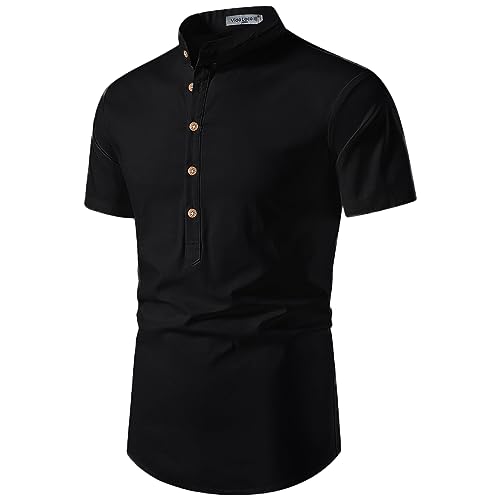 Image of Vida Loca Men's Cotton Linen Plain Stitched Half Sleeve Shirt