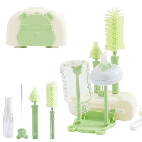 Image of FUSACONY 7in1 Baby Bottle Brush Set with Silicone Bottle Brush, Nipple Brush, Straw Cleaner Brush、Soap Dispenser, Bottle Drying Rack, Storage Box, Drainage Tray for Home and Trave (Green Bear)