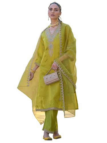 Image of INDO ERA Women's Silk Blend Embroidered Straight Kurta and Pant with Dupatta Set (KH9BK6210)