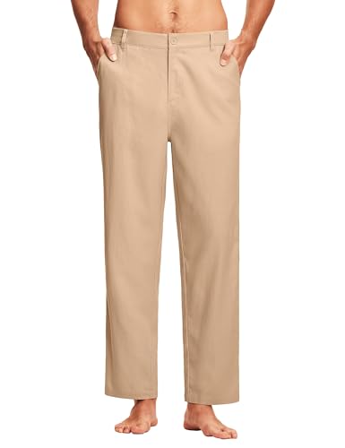 ISEEGZ 30' Men's Linen Pants Dressy Casual Work Golf Cotton Linen Trousers for Men Flat Front with Pockets Belt Loop Khaki