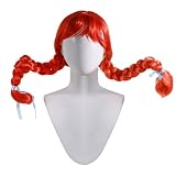 abouder Wendy Cosplay Wig Red Wired Braided Pig Tail Wig with Blue Ribbons Anime Cosplay Women Wig Synthetic Heat Resistant Fiber for Halloween Party Costume Wigs
