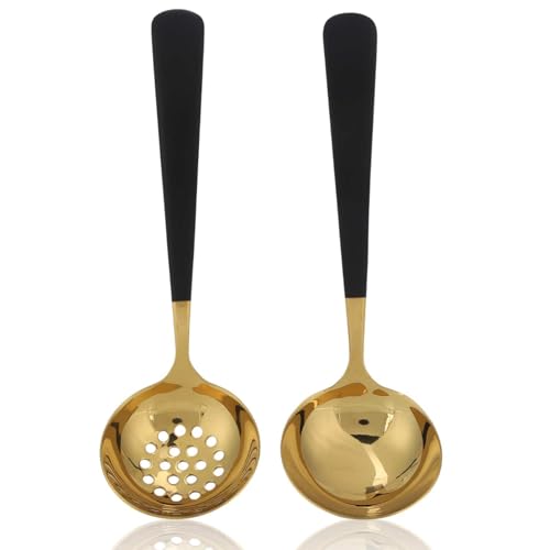 HERCHR - 2 pièces louche à soupe passoire, acier inoxydable à long manche cuillère fendue louche à soupe ustensiles de cuisine ensemble de couverts servant pour hotpot (or noir)