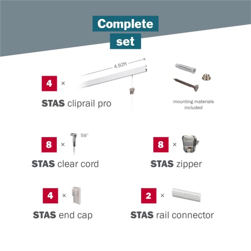 STAS Cliprail Pro Picture Hanging System Set White - Covers 19.69 ft of Wall Space - Heavy Duty Picture Rail & Art Hanging Gallery Kit Without Nails - for Home or Museum (Includes 8 Hooks & Cords)