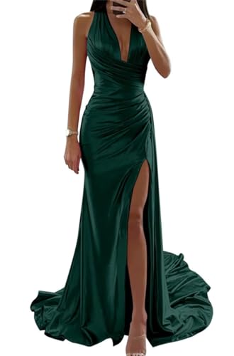 WSEYU Vestidos de dama de honor, vestidos formales de satén largo para mujer, invitada de boda, corte sirena, plisados, espalda descubierta, verde oscuro, 34