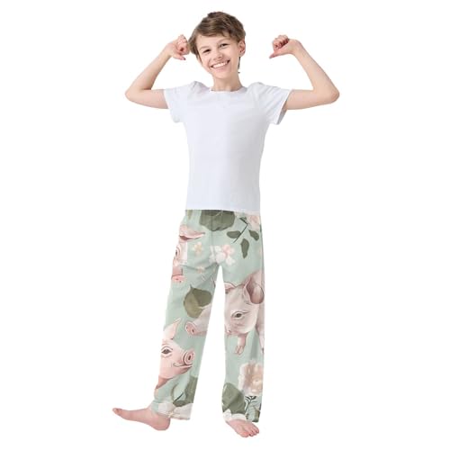 Pig Poney Floral Boys Long Pants Soft Trousers Elastic Waist Kids Lounge Bottoms with Pockets S-XL3
