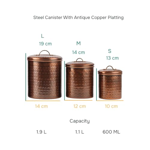 Image of Antique Copper Plated Kitchen Storage Canister Set - Large, Medium & Small (1.9L, 1.4L & 1L) Kitchen Container Set, Airtight Jars, Storage Boxes, Canisters Set for Kitchens (Set of 3)