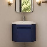wonline 22' Corner Bathroom Vanity Sink Combo for Small Space Wall Mounted Cabinet Set Design Navy Resin Basin Sink Top Chrome Faucet and Drain