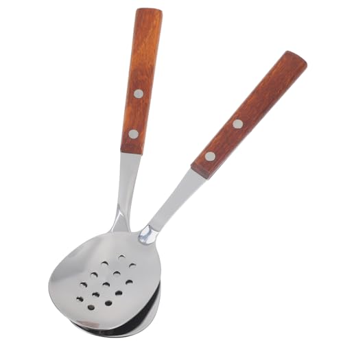 CIYODO Cuillère de Service Inoxydable avec Manche Bois Élégant Cuillères à Dîner Fendues et Pleines Ustensiles de Cuisine Polyvalents et pour Service Ménager