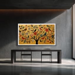 Tableau toile arbre oiseau multicolore 50x90cm avec cadre intérieur