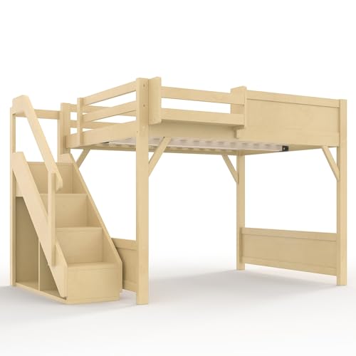 Image of KEIKI Solid Wood Full Size Loft Bed Frame with Stairs, Built-in Wardrobe and Storage Space, Full Loft Bed with Shelves, Full-Length Guardrails, No Box Spring Needed for Bedroom, Natural