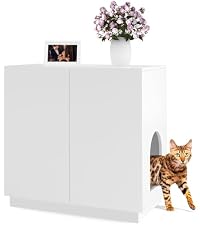 2 Cat Litter Box Enclosure, Double Room Wooden Furniture with Cat Door, White