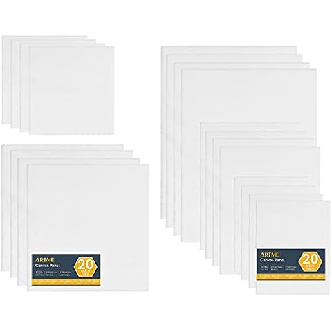 ARTME 20pcs Canvas Panels (15x20-4pk, 24x30-4pk, 30x40-4pk, 20x20-4pk, 30x30-4pk) 3mm Blank Artist Canvas Board / 280GSM/ 100% Cotton/Triple Primed/Acid Free/Medium Grain- Acrylic & Oil Painting Cover