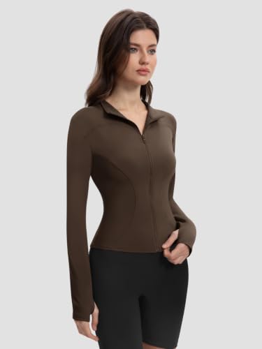 Yaqi Verse Women's Full Zip Up Workout Jacket, Slim Fit Lightweight Yoga Running Athletic Gym Sports Jacket with Thumb Holes-Coffee-XXS — view 2