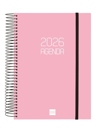 Finocam - Agenda Espiral 2026 1 Dia Página | Janeiro - Dezembro (12 meses) | Agenda Anual 2026 com elástico | Capa de polipropileno Espiral Opaque - Rosa - Espanhol