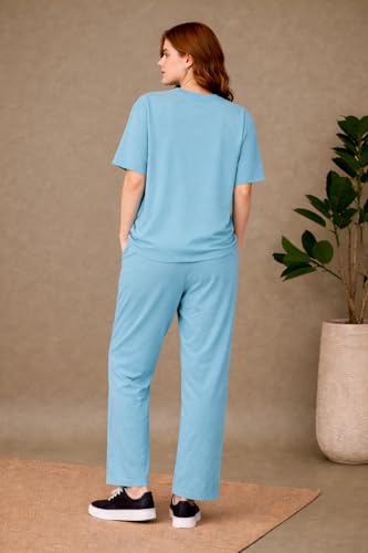 Image of Kvetoo Women Solid Tracksuit Set Cotton Lounge Wear Set Half Sleeve Polo T-Shirt & Straight Pant Casual Travel Outfit