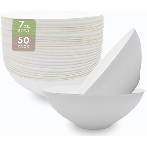 50ct Sugarcane 7oz Small Modern White Bowl Eco Friendly Perfect Small Disposable Plates & Soup Bowls for Caterers, Wedding Planners, Parties CMJJ Cover