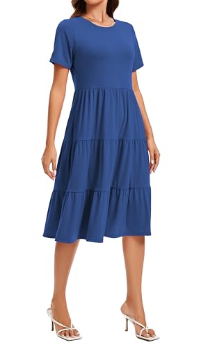 Image of Womens Summer Short Sleeve Crew Neck Midi Dress 2026 Casual Fit Flowy Tiered Beach Vacation Sundress with Pockets