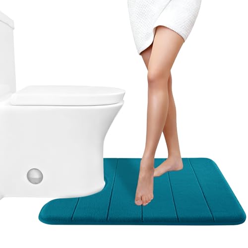Yimobra Memory Foam Toilet Bath Mat U-Shaped, Soft and Comfortable, Water Absorption, Non-Slip, Thick, Machine Wash and Easier to Dry for Bathroom Commode Contour Rug, 24 X 20 Inches, Peacock Blue