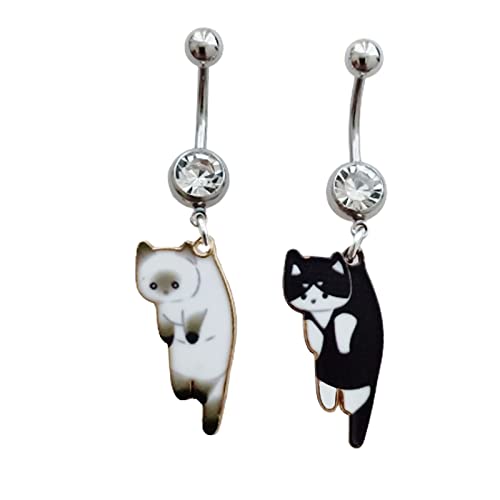 White and Black Cat Pendant Dangle Belly Rings, Cute Stainless Steel 14 Gauge Navel Barbell Ring, Fun Piercing Body Jewelry for Women