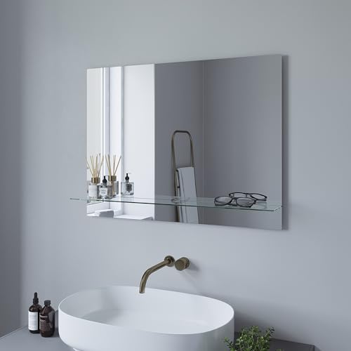 AQUABATOS Espejo de baño con estante sin iluminación de luz, 80 x 60 cm, espejo de pared, espejo de baño, sin marco, espejo colgante rectangular, estante de cristal