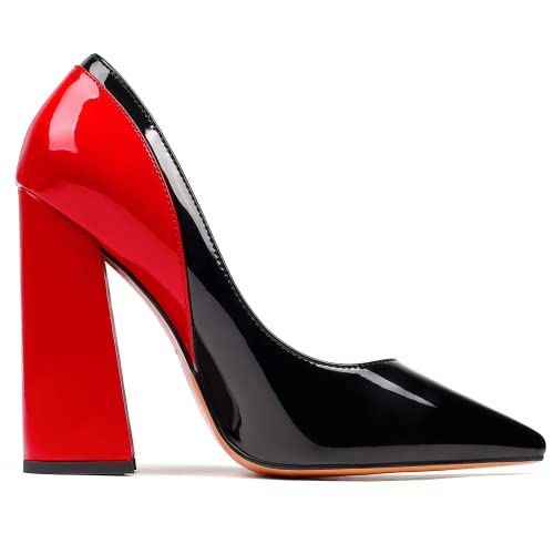 SAMMITOP Women's Chunky Heel Pumps Pointed Toe Two-Toned Dress Shoes 4.7 Inch4