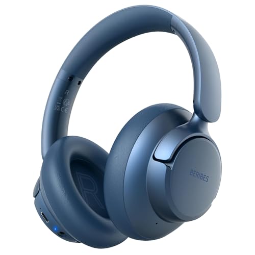 BERIBES Active Noise Cancelling Headphones, Wireless Over Ear Headphones with Microphone, 70H Playtime, Foldable Bluetooth Headphones with HiFi Audio, Deep Bass for Office, Travel, Gym（Blue）