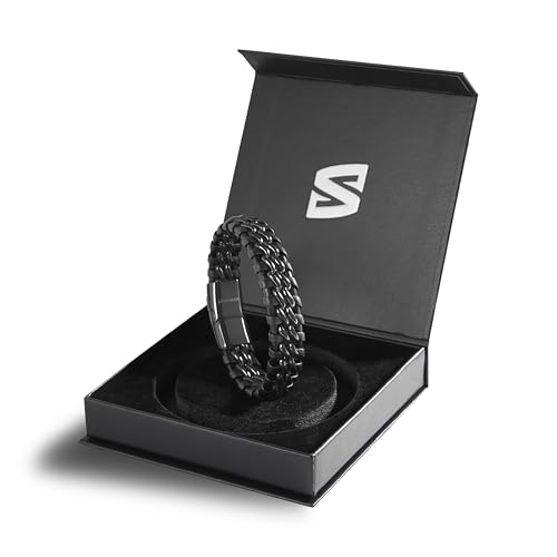 SERASAR | Premium Genuine Leather Bracelet [Steel] for Men in Black | Magnetic Stainless Steel Clasp in Black, Silver and Gold | Inclusive Jewellery Box | Great Gift Idea