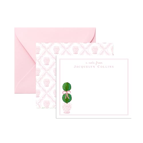 Lemon Grace Co - Personalized Chinoiserie Stationery for Women, Topiary Stationary Cards and Envelopes Set, Note Cards with Envelopes, Boxwood Ginger Jar Stationery AS-2309 PINK
