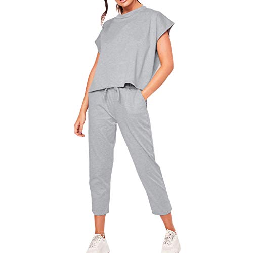 Homstar Womens Summer 2Pcs Tracksuits Set Sport Lounge Wear Ladies Casual Tops Pant Suit, Women Short Sleeve Round Neck Cropped Pants Women Crop Top+Lace Up Set,Gym Yoga Running Outfit Gray