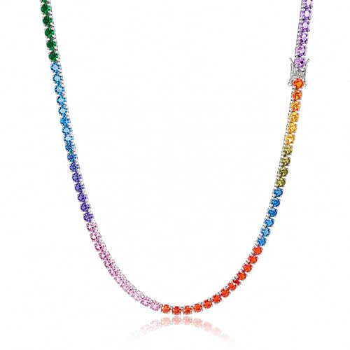 ICEDIAMOND 4.0MM Crush Rainbow Iced Out CZ Diamond Tennis Link Chains, 18K Gold Plating Bling Colored Zirconia 16/18/20-inch Fashion Necklace & 7/8-inch Exquisite Bracelet for Men Women (16'')