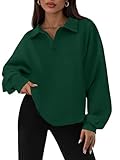 PRETTYGARDEN Übergroßes Sweatshirt für Damen, lässig, langärmelig, Polo, V-Ausschnitt, Fleece, lockere Passform, Pullover, Tops, Herbstmode, Dunkelgrün, XXL