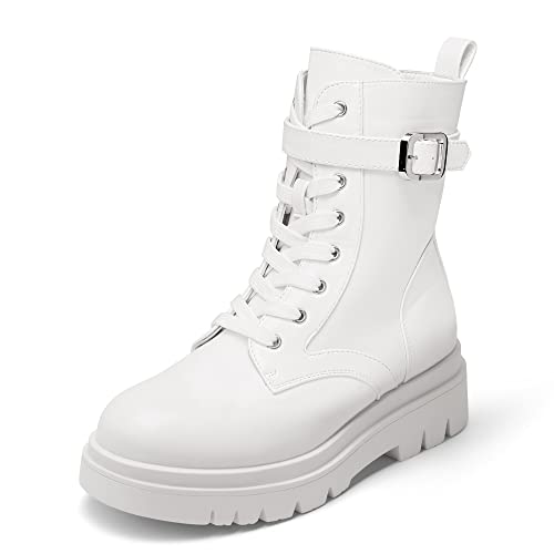 DREAM PAIRS Women's Combat Platform Boots Lace Up Lug Sole Buckle Ankle Booties Shoes 11 White