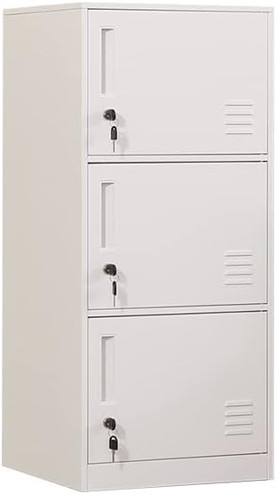 3 Door Metal Vertical Storage Locker for Kids Bedroom, Children Room, School, Office, Home ,Stackable Steel Storage Cabinet for Toys, Clothes & Sports Equipment,Anti-Tilting Device. (3D, white)