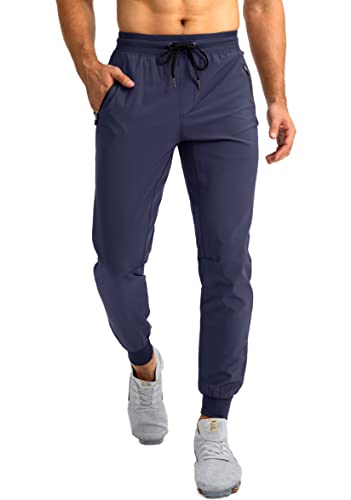 Pudolla Men's Lightweight Jogger Pants Workout Running Tapered Joggers For Men With Zipper Pockets For Athletic Travel Casual(Navy Blue Small) #TOP1