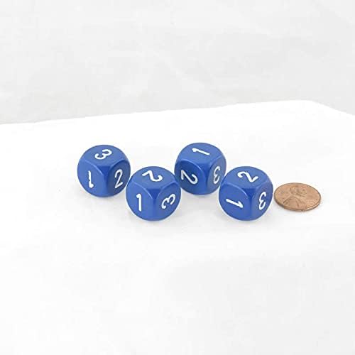 Blue Opaque Dice with White Numbers D3 (D6 1-3 Twice) 16mm (5/8in) Pack of 4 Wondertrail