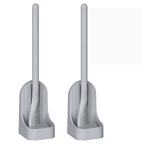 Image of Toilet Brush, Long Handle Golf Toilet Brush with Holder 360 Deep Cleaning Flexible Silicone Toilet Cleaner Brush Wall Mounted for Bathroom (2Pcs Grey)