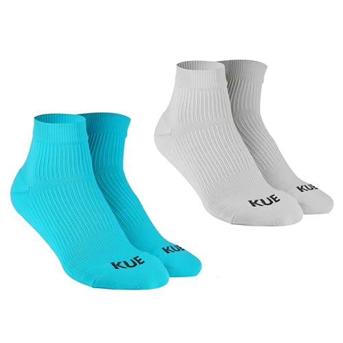 Image of KUE Compression Ankle Socks for Men & Women | Arch Support, Pain Relief & Blood Circulation | Sports, Running, Travel, Gym, Daily Use | Anti-Odour Moisture Wicking | (Blue, White, L /XL, 2 Pair)